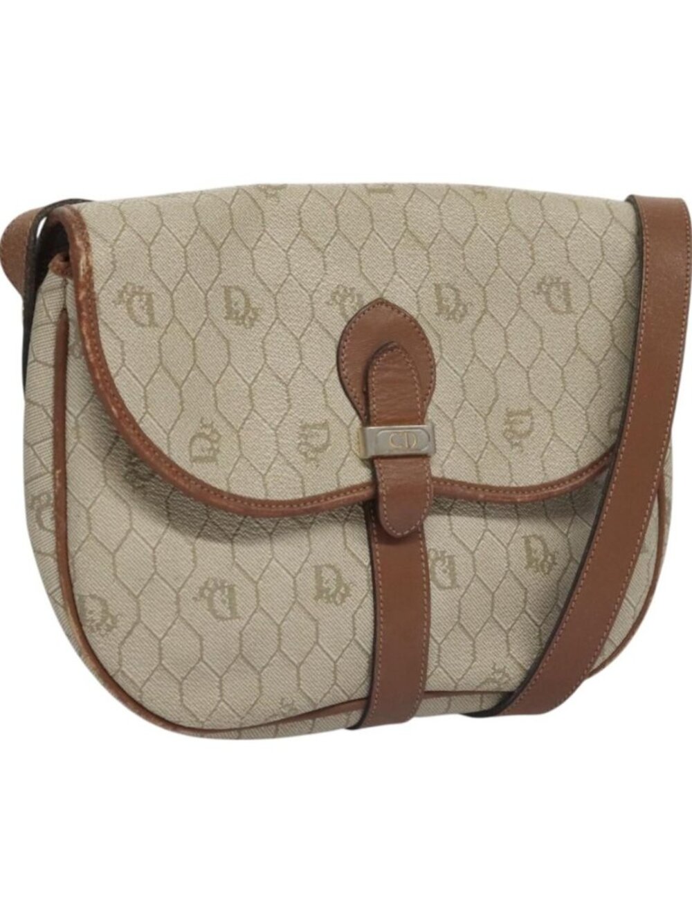 Christian Dior Honeycomb Canvas Shoulder Bag PVC Leather Beige